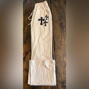 SHEIN Men’s Beige Lightweight Pants with Black Cross Graphic (S)